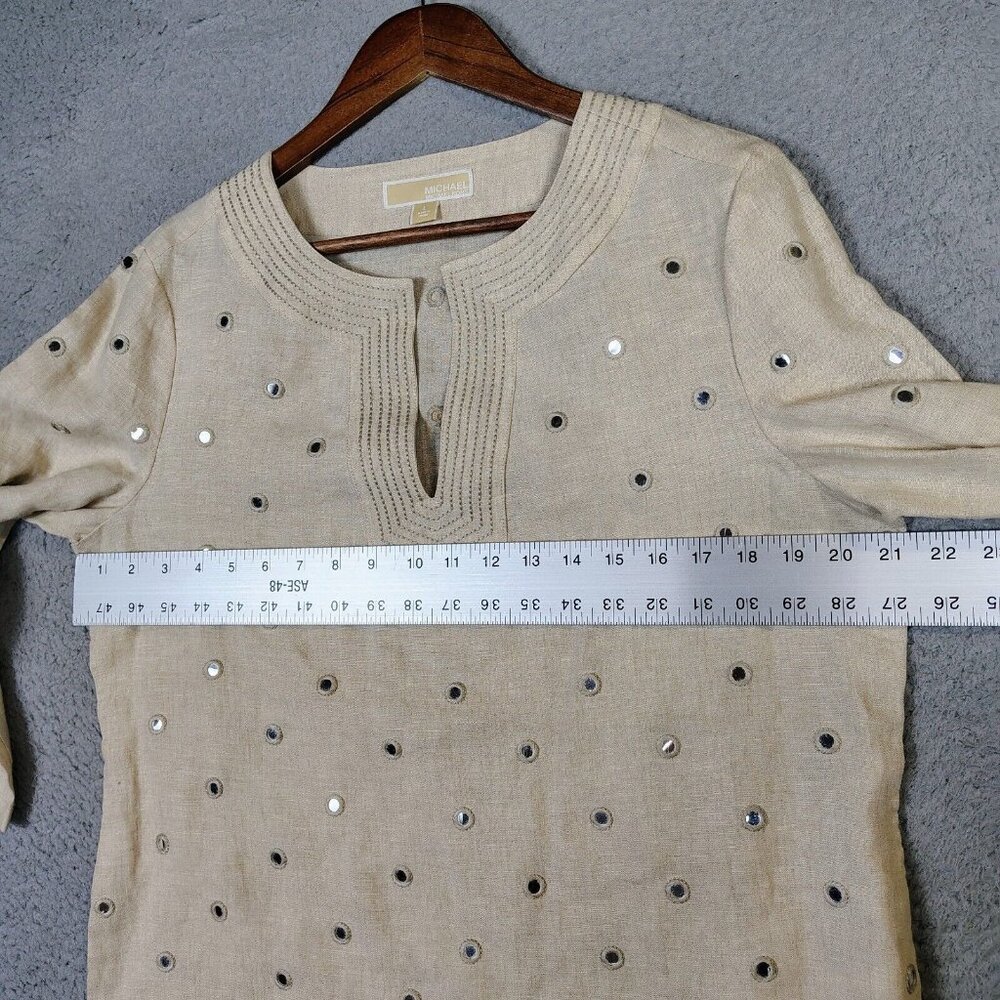 Michael Kors Top Women's Large Tan 100% Linen Sequence Mirror Work Tunic Coastal - Picture 8 of 12